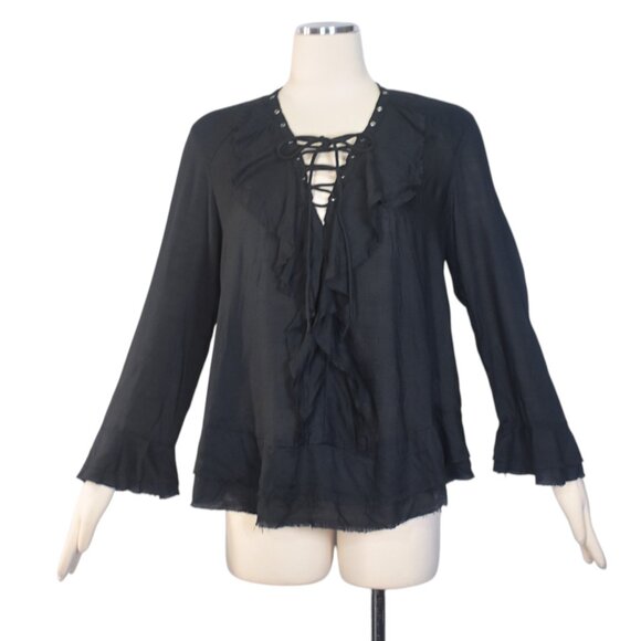 IRO Finley Lace up Front Poet Ruffle Boho Black Blouse 34 XS - Picture 3 of 10